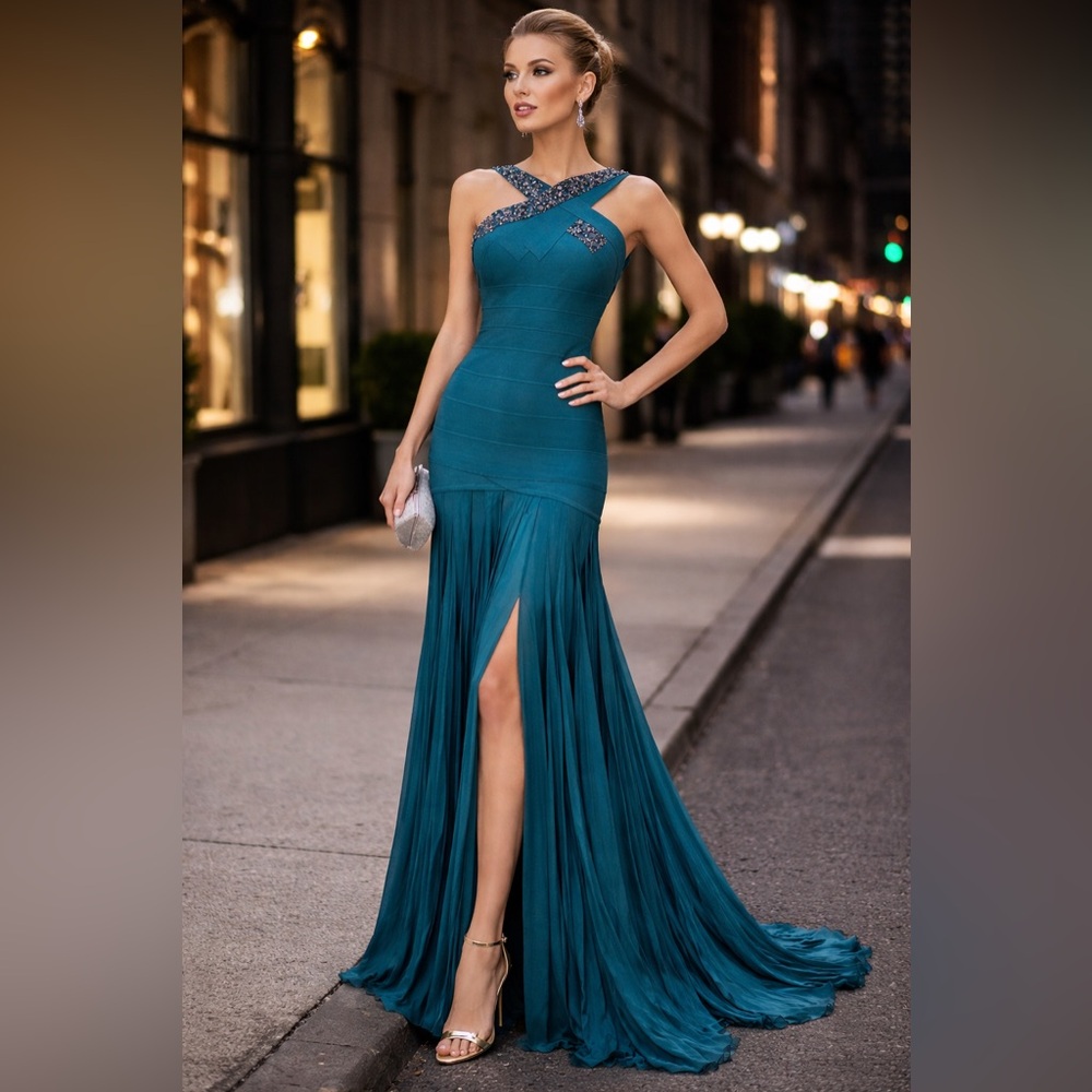 BCBGMAXAZRIA Teal Floor-Length Bodycon Gown with Embellished Straps